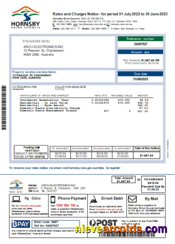 NSW Hornsby Shire Council utility business bill